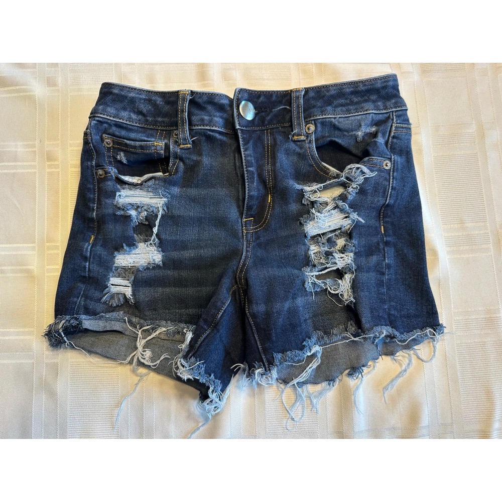 American Eagle Denim Shorts Womens 4 Blue Hi-Rise Shortie Distressed Stretch